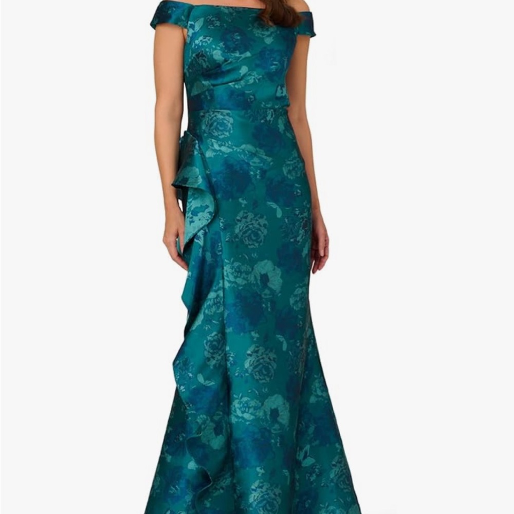 Adrianna Papell Teal One-Shoulder Gown